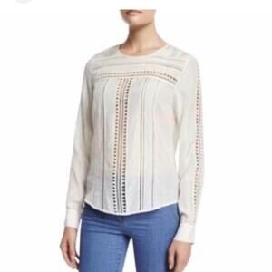 Veronica Beard Blouse Womens 8 White Lace Pom Pom Trim Long Sleeve Boho Chic Top